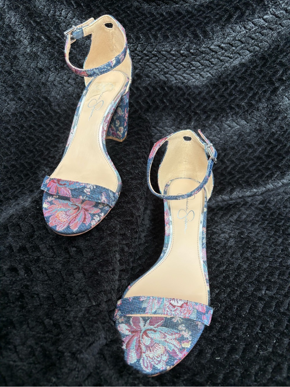 Floral Pattern Block Heel Sandals - Women's Blue/Pink